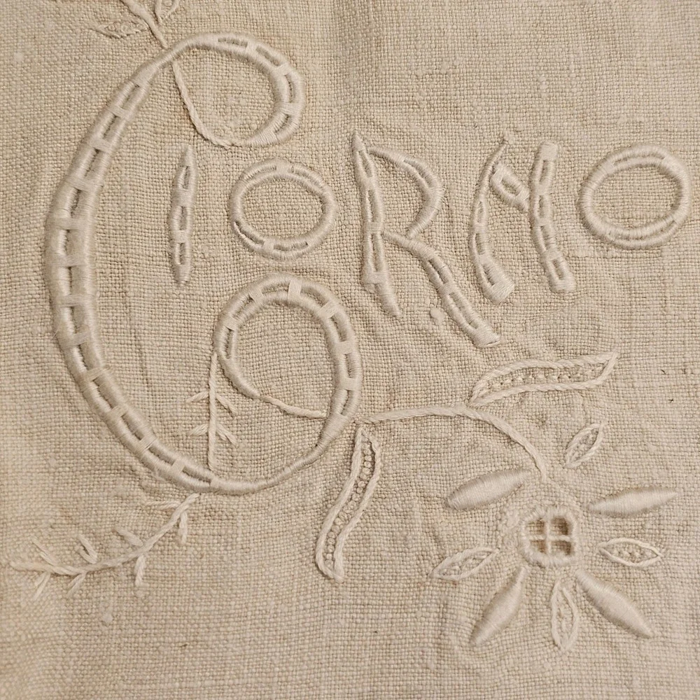 Vintage Italian Hand Embroidered Linen Runner Giorno Lieto Cream Macrame Fringe